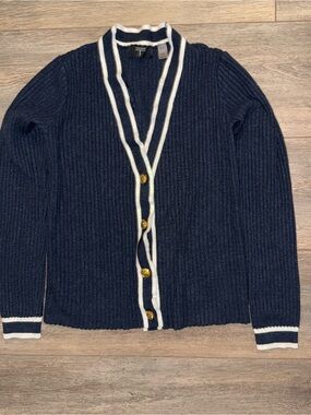 Tahari Navy Cardigan with White Stripe Trim
